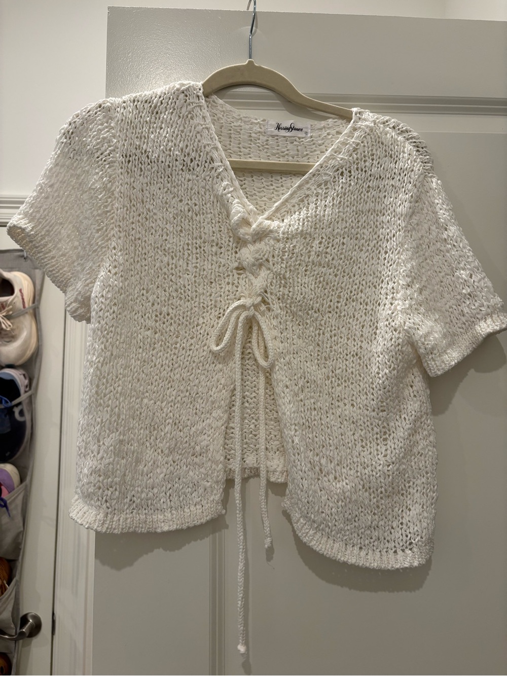 Boutique Cream Knit Short-Sleeve Tie-Front Sweater